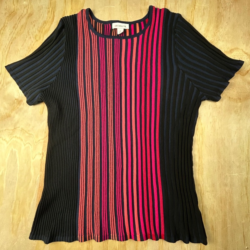 Liz Claiborne Womens XL Pink Navy Striped Ribbed Knit Short Sleeve Top